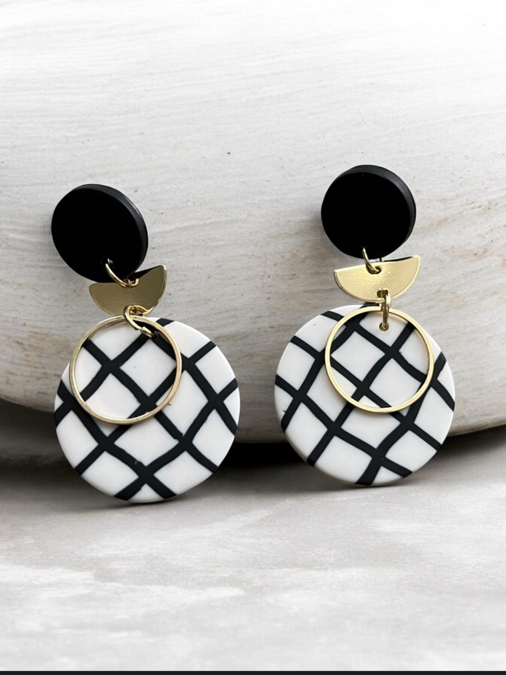 Black & White Geometric Drop Earrings with Gold Accents